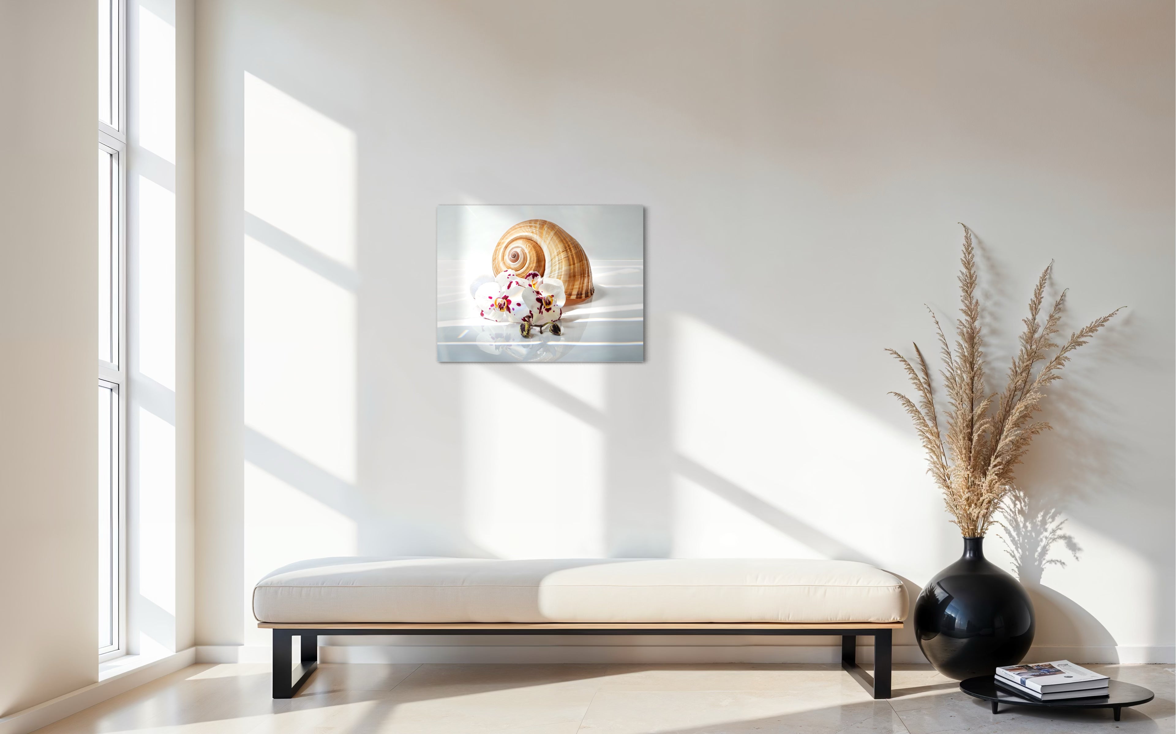 Tonna Galea Giant Tun shell and spotted orchids coastal glass print by Echoes of the Sea, coastal decor