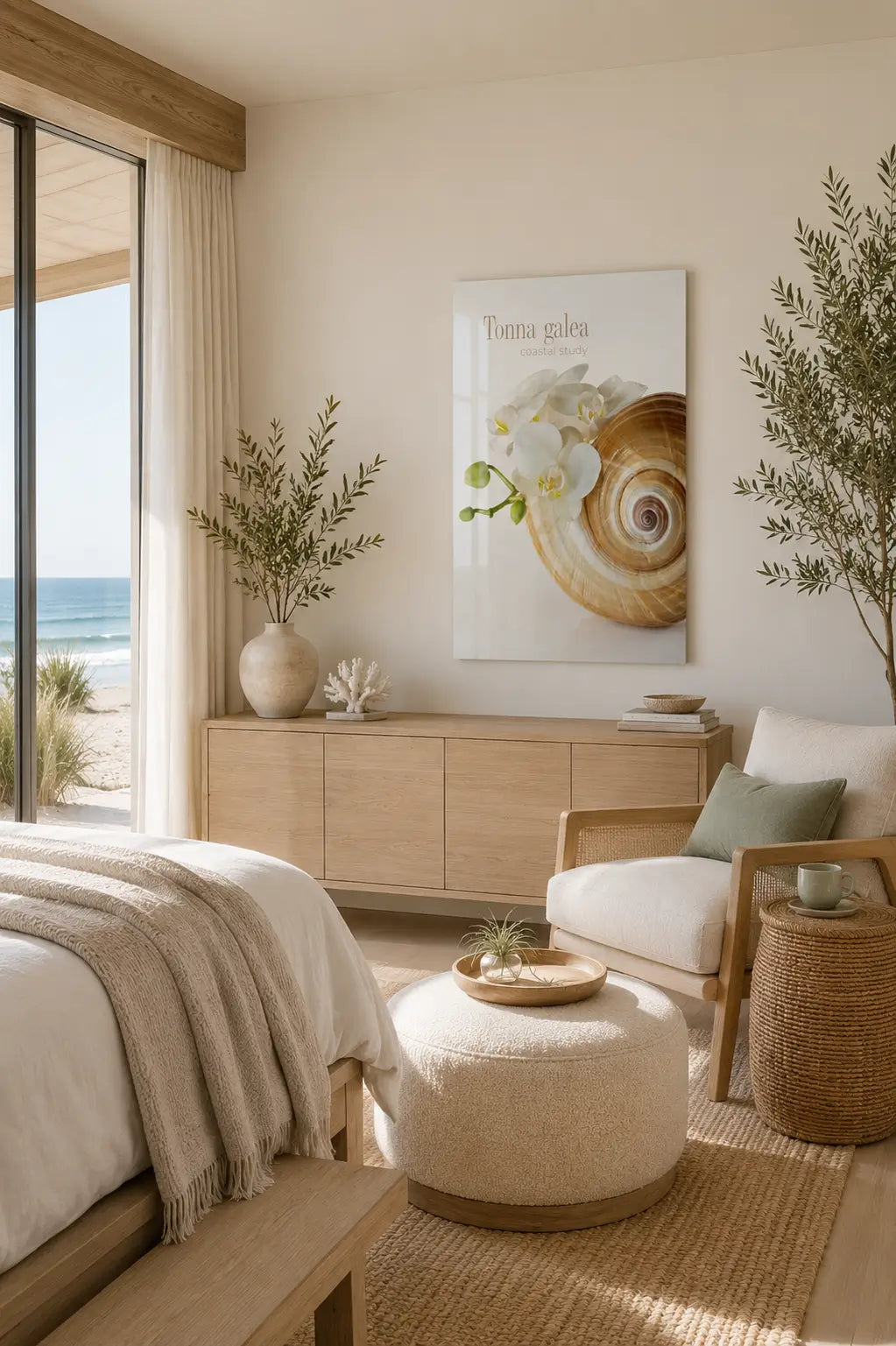 Modern glass poster of a Tun Shell with orchids in a warm coastal living room.