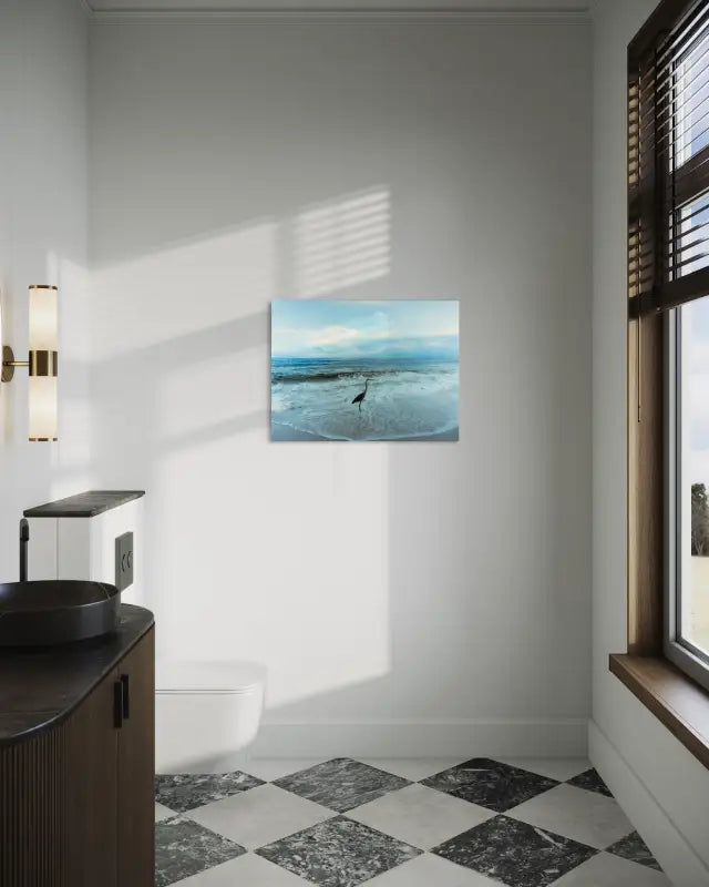 Heron on shoreline with gentle waves, serene coastal glass print for beach scene decor-bathroom decor