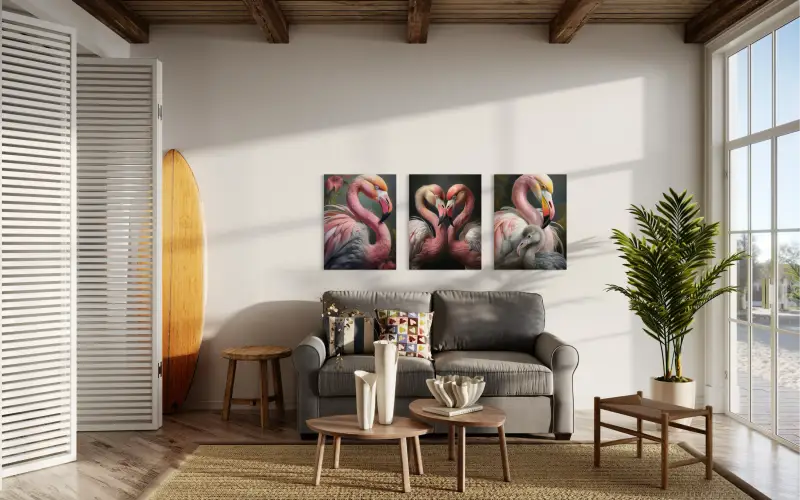 Tropical Paradise Flamingo Glass Print on eco-friendly glass, vibrant for beach house and sun room gallery walls