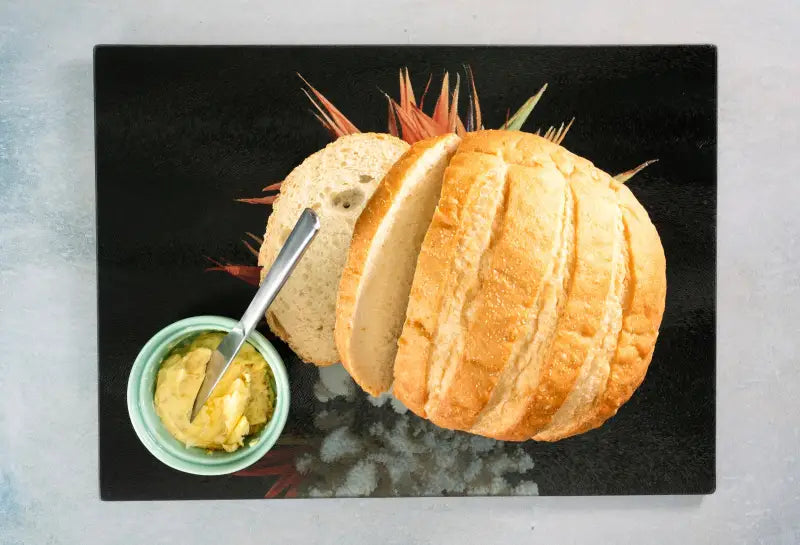 Tropical glass charcuterie board with Birds of Paradise-in use