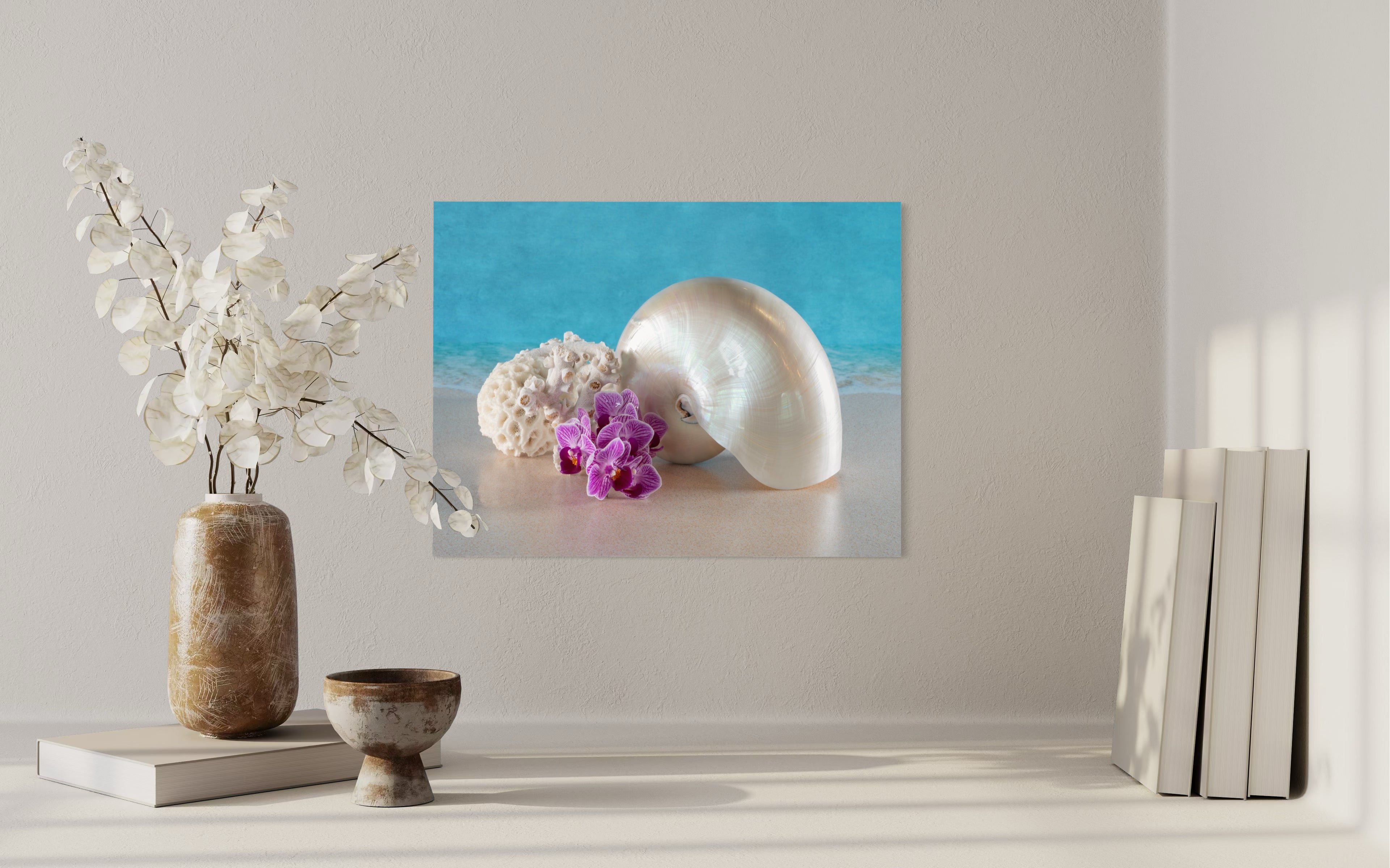 Tropical nautilus, octopus, and brain coral glass print by Echoes of the Sea, modern coastal decor
