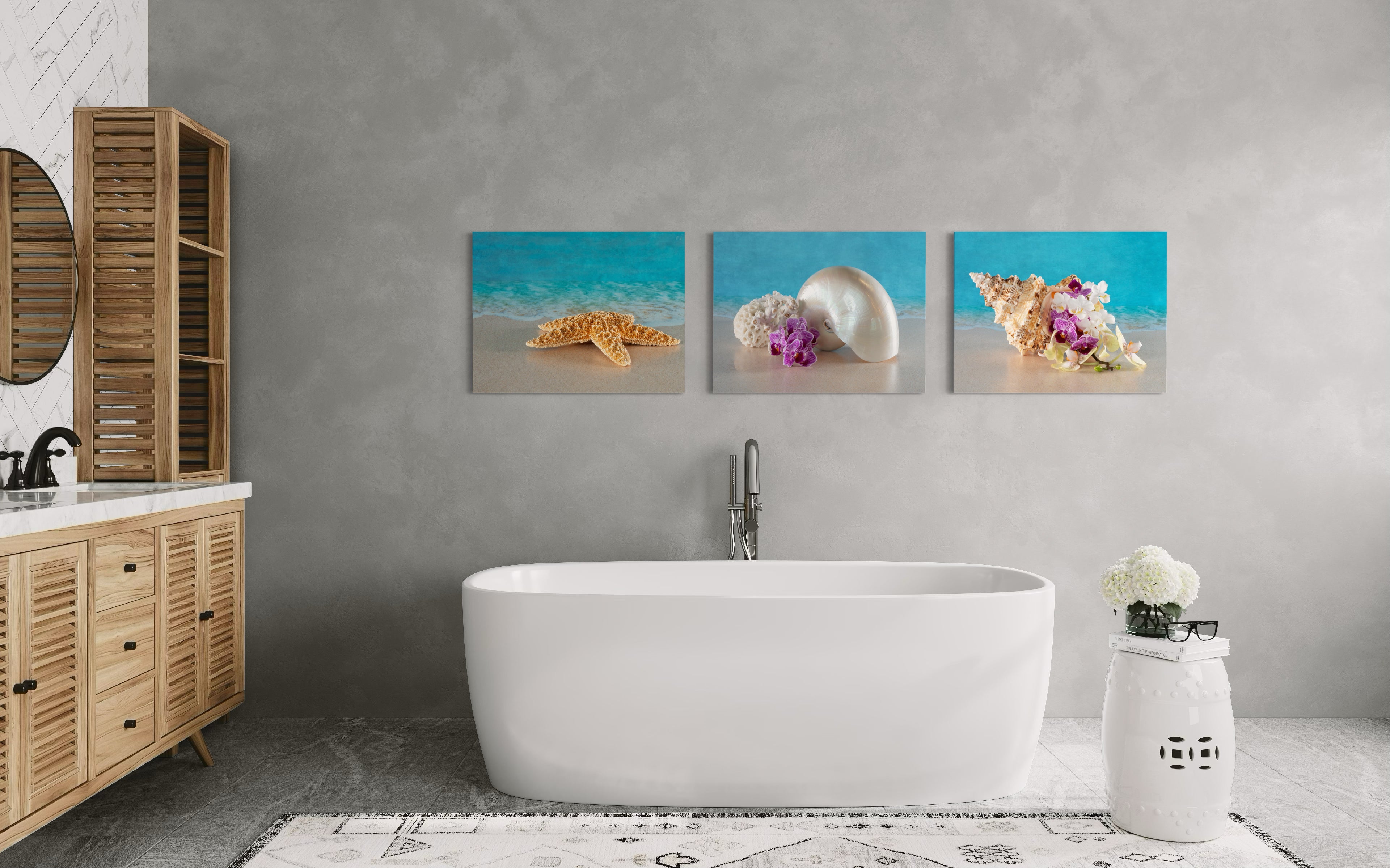 Tropical nautilus, octopus, and brain coral glass print by Echoes of the Sea- Shell Prints