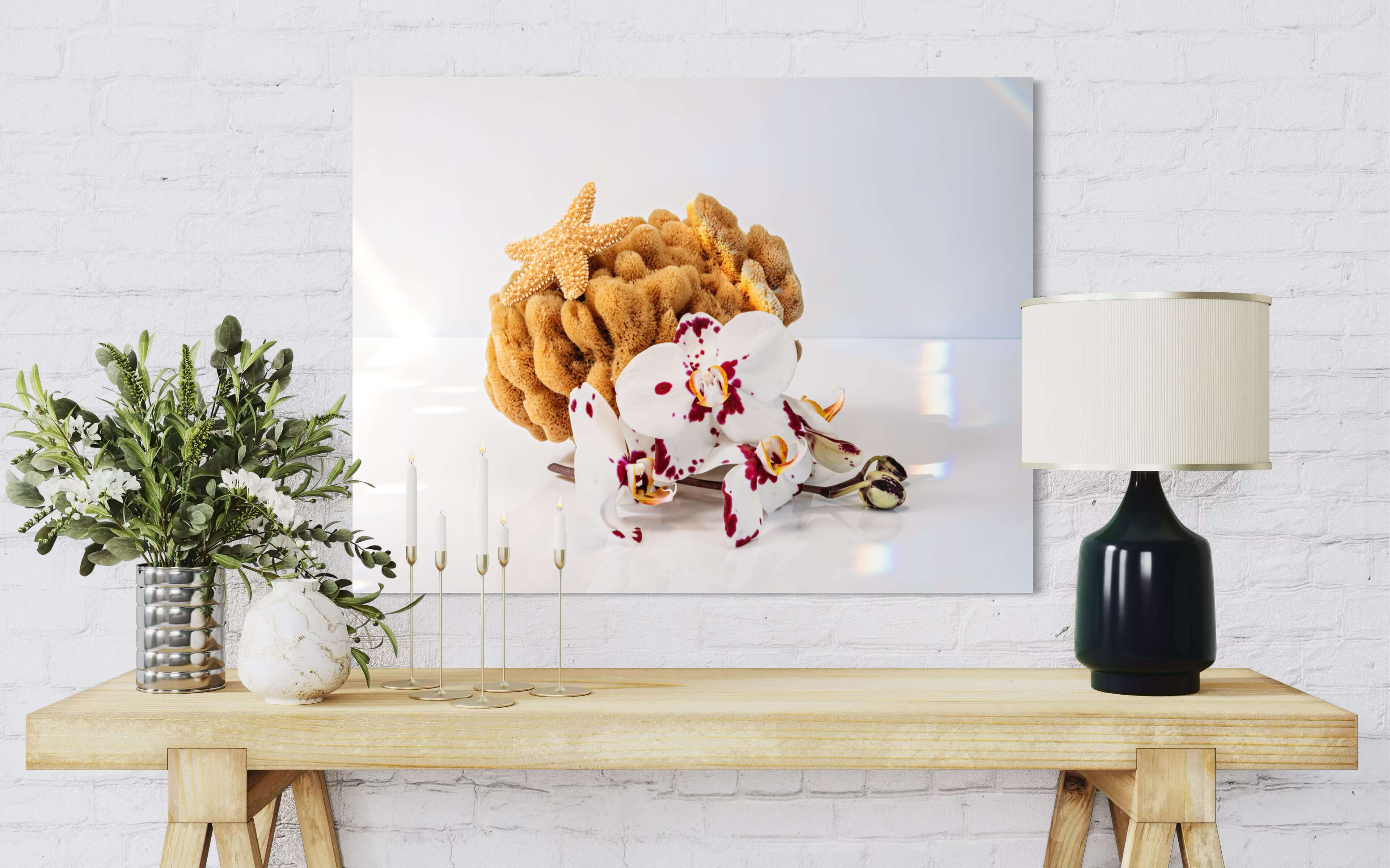 Eco-friendly coastal glass print with golden-brown sea sponge and magenta orchids on white background-wall decor