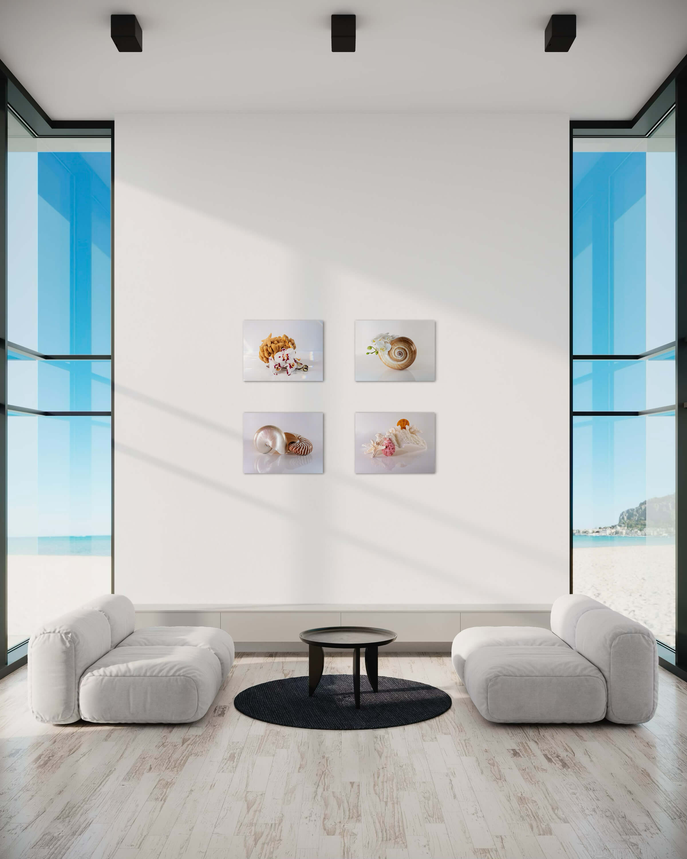 Eco-friendly coastal glass print with golden-brown sea sponge and orchidsfor beach decor-wall gallery of 4 Echoes prints.