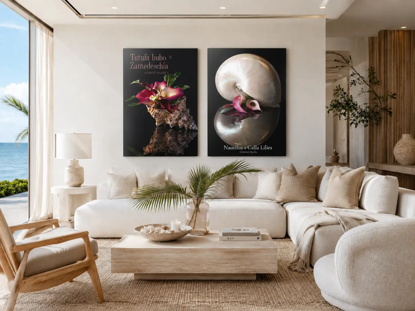 Warm coastal living room with ocean view featuring the Tutufa bubo × Zantedeschia coastal study glass poster paired with a Nautilus × Calla Lilies coastal study poster above a white sectional sofa.