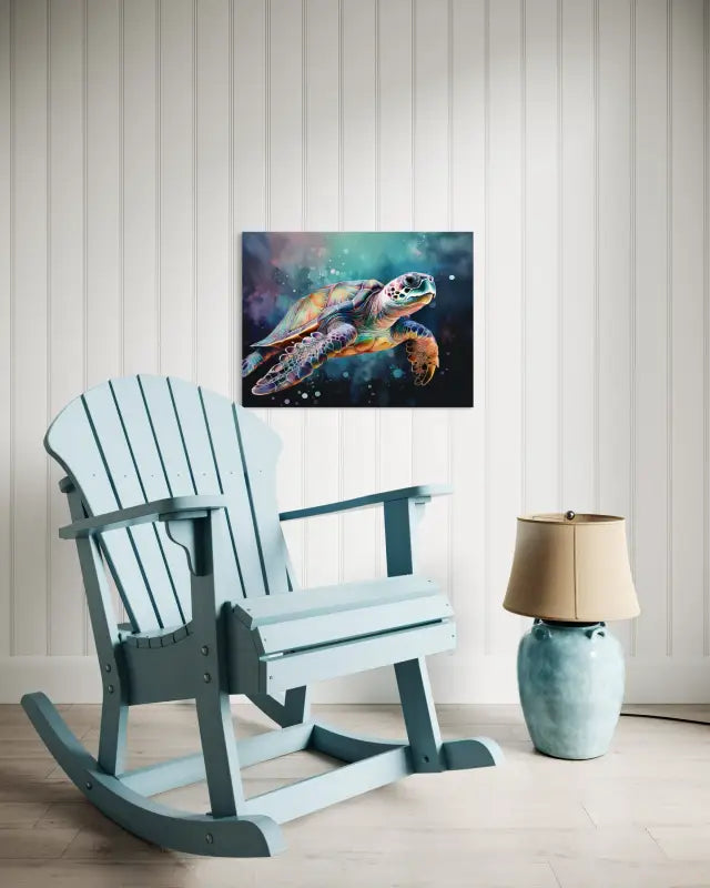 Glass print of a sea turtle swimming underwater with colorful water color effect-sitting area