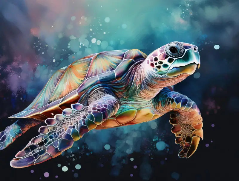 Glass print of a sea turtle swimming underwater with colorful water color effect.