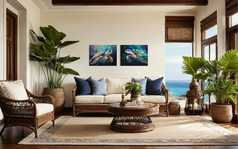Glass print of a sea turtle swimming underwater with colorful water color effect displayed in living room with another matching Echoes print.