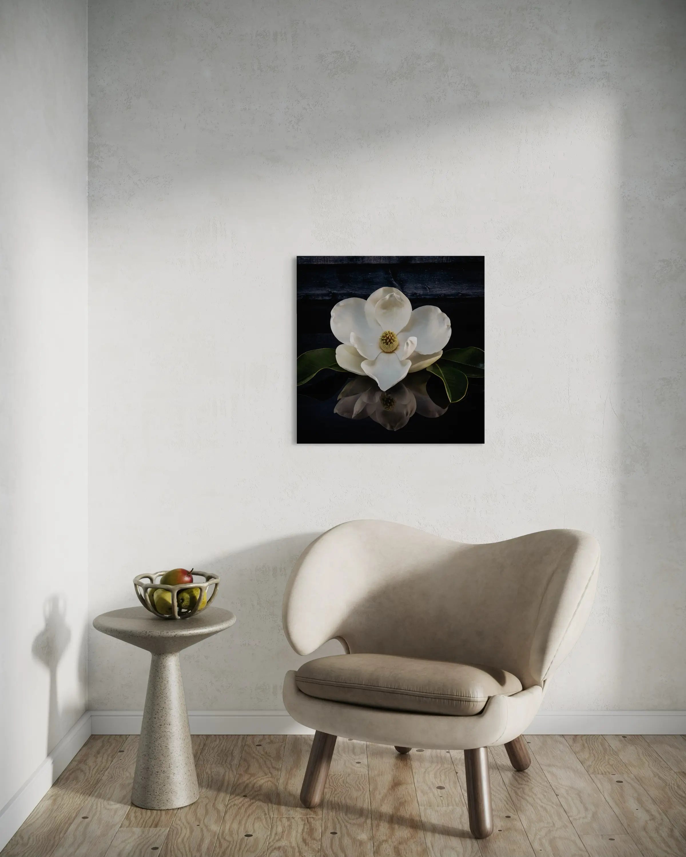 Colorful magnolia with reflection on glass print, coastal decor art in sitting area