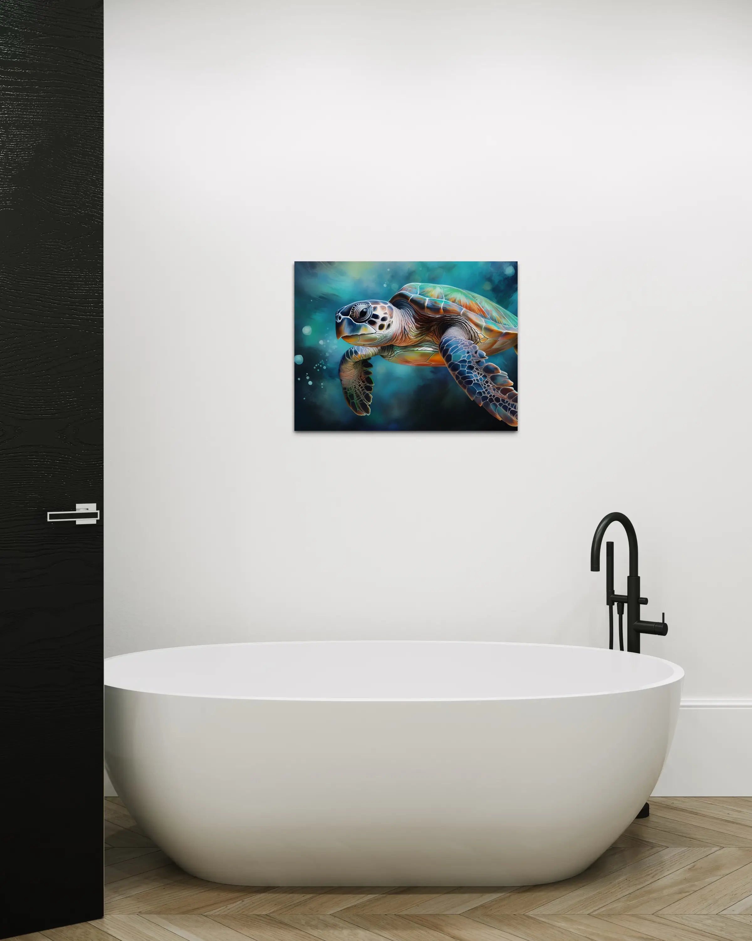 Watercolor sea turtle glass print with vibrant ocean tones –coastal bathroom decor