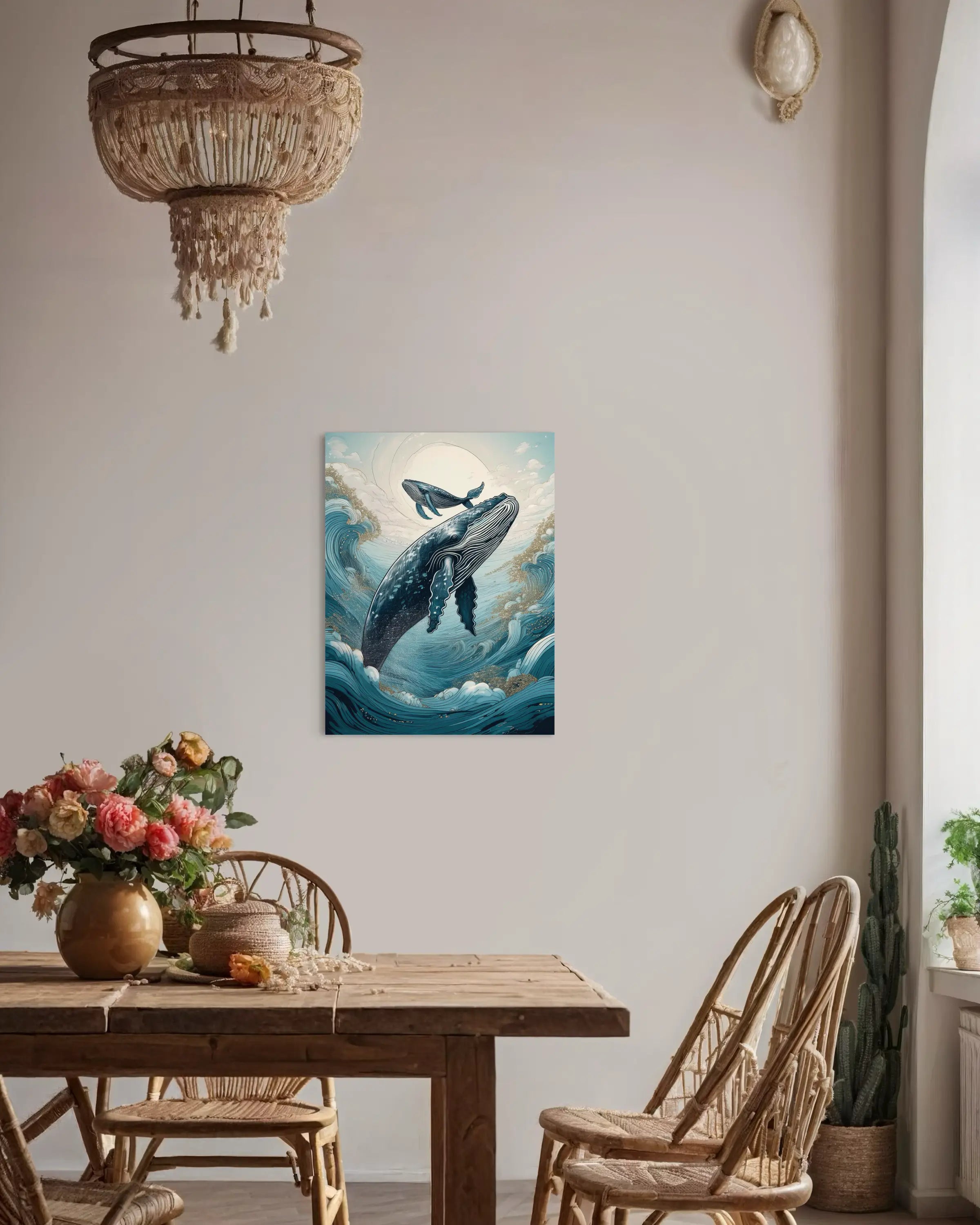 Whale mother and baby coastal glass print with Hokusai-inspired waves and gold accents – in dining room