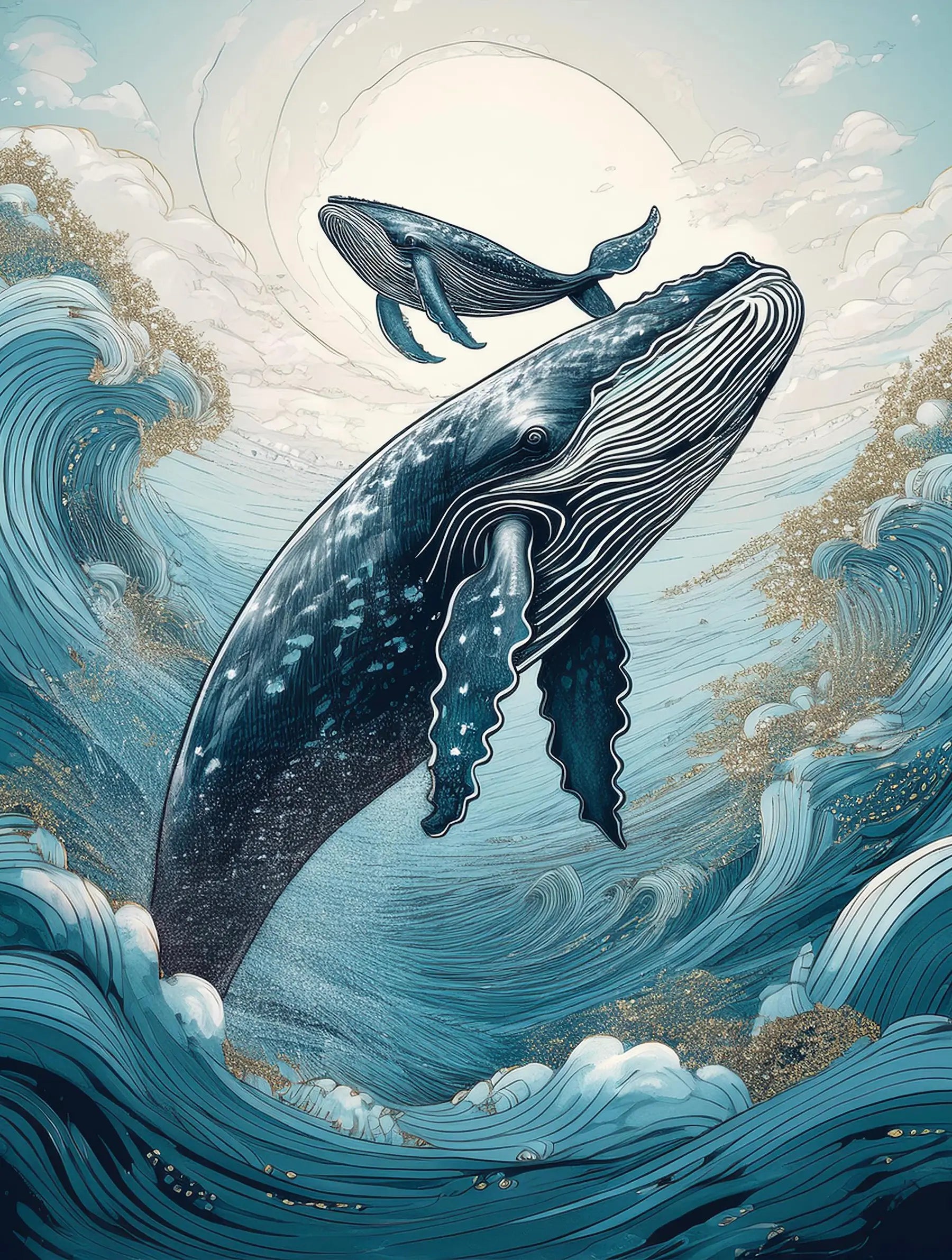 Whale mother and baby coastal glass print with Hokusai-inspired waves and gold accents – Echoes of the Sea unique ocean wall art.