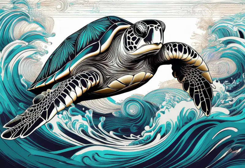 Sea turtle line art glass print with Hokusai-inspired blue-teal waves, eco-friendly coastal wall decor for modern ocean style
