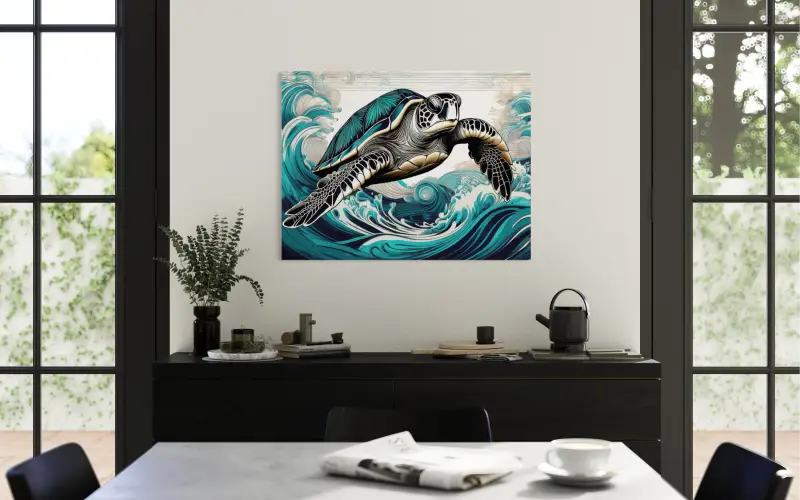 Sea turtle line art glass print with Hokusai-inspired blue-teal waves, eco-friendly coastal wall decor for dining room