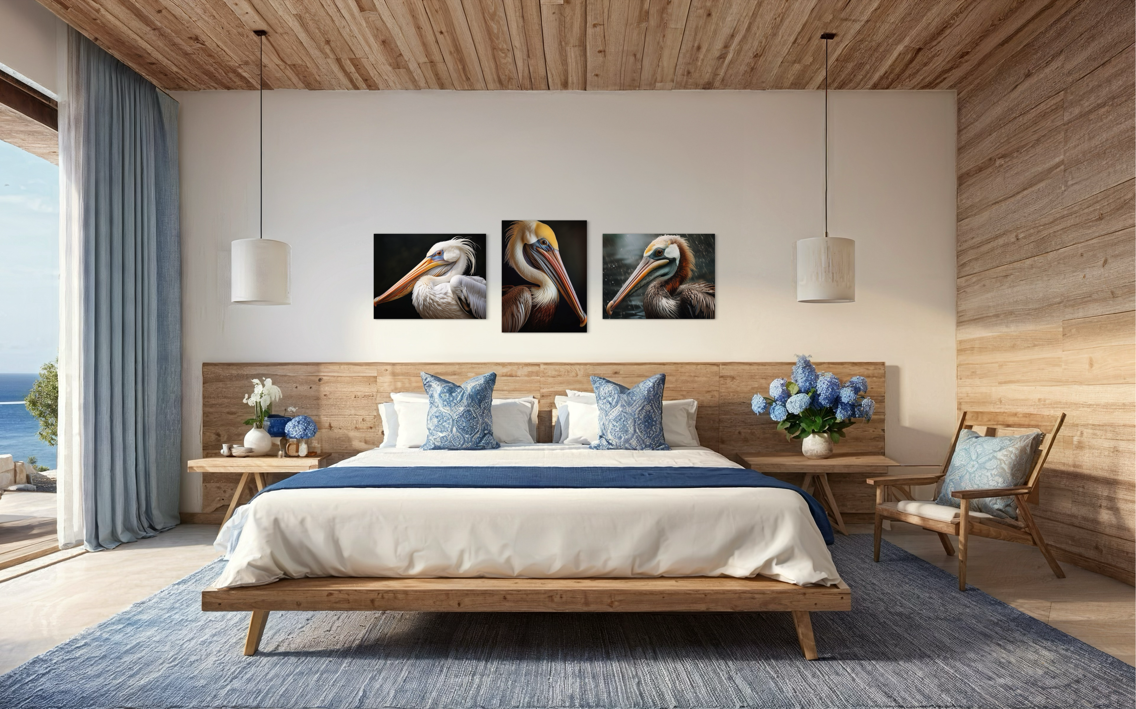 White Pelican Coastal Glass Print by Echoes of the Sea, 3 pelican art prints in a coastal bedroom decor