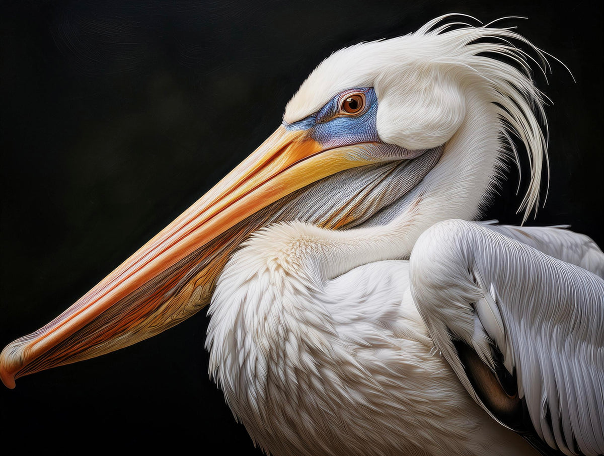 Close-up of a pelican with a dark background printed on glass