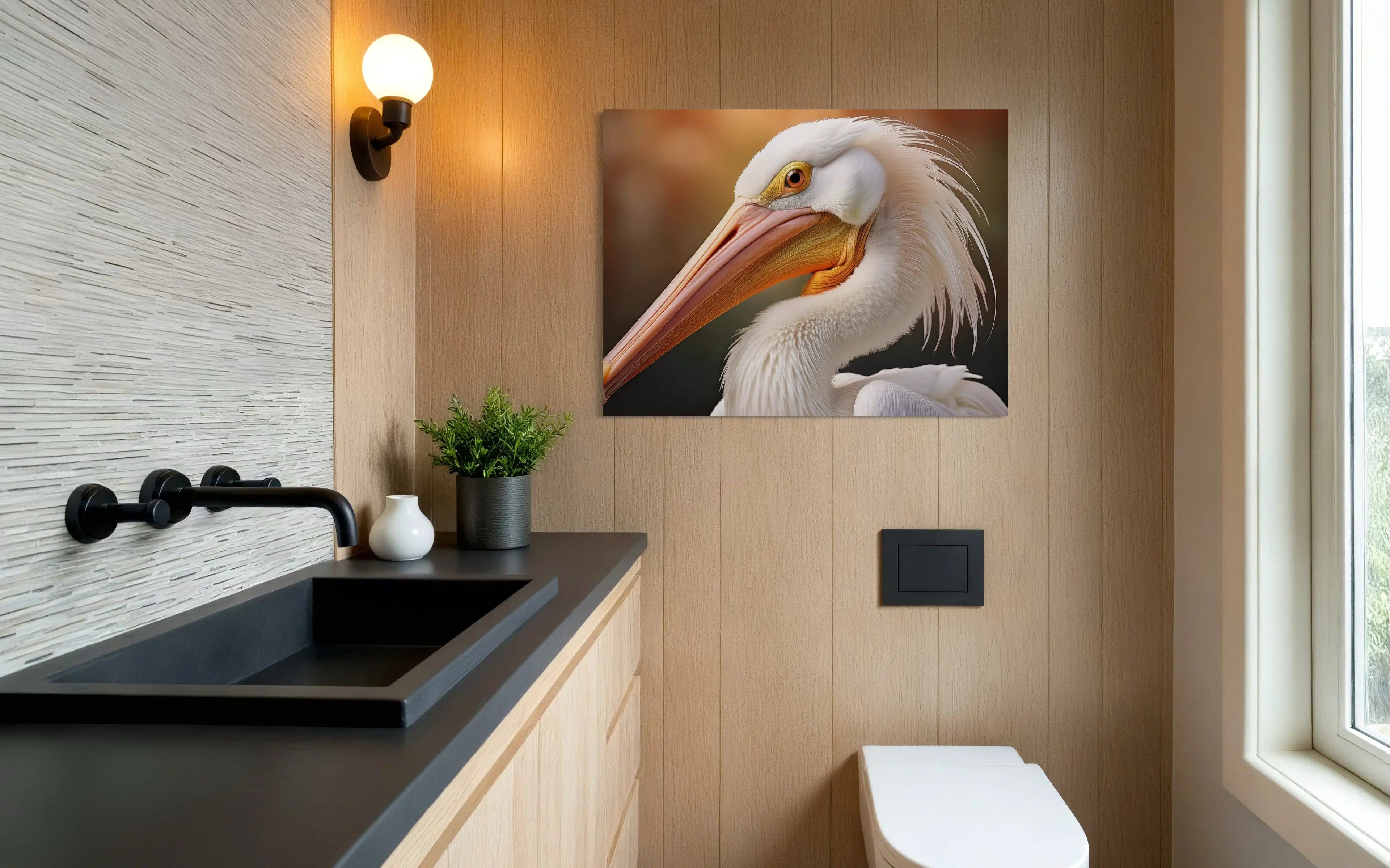 Coastal glass print of white pelican art  against a colorful golden background, coastal bathroom