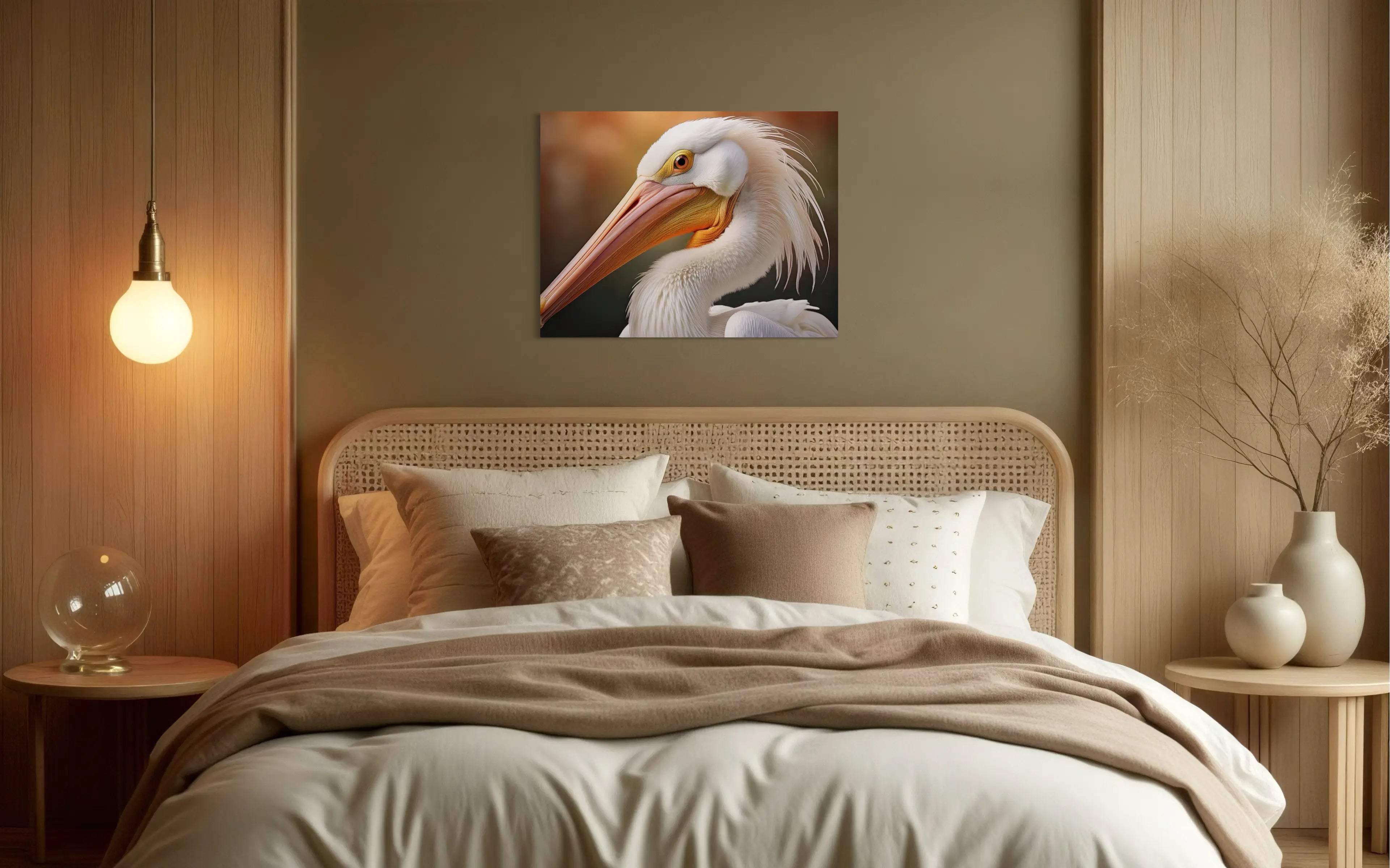 Coastal glass print of white pelican art against a colorful golden background, bedroom decor