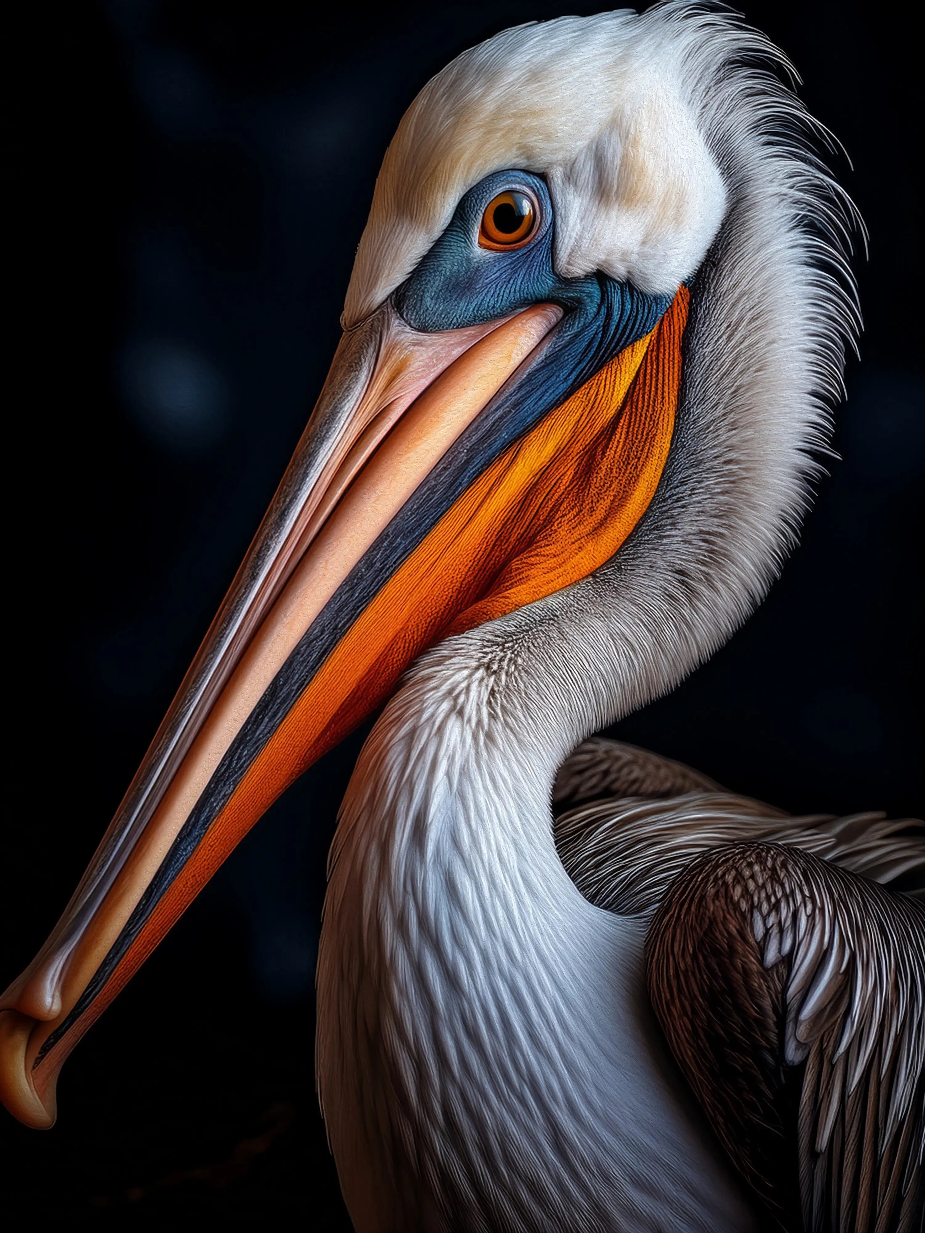 Vibrant Pelican glass print on dramatic black background