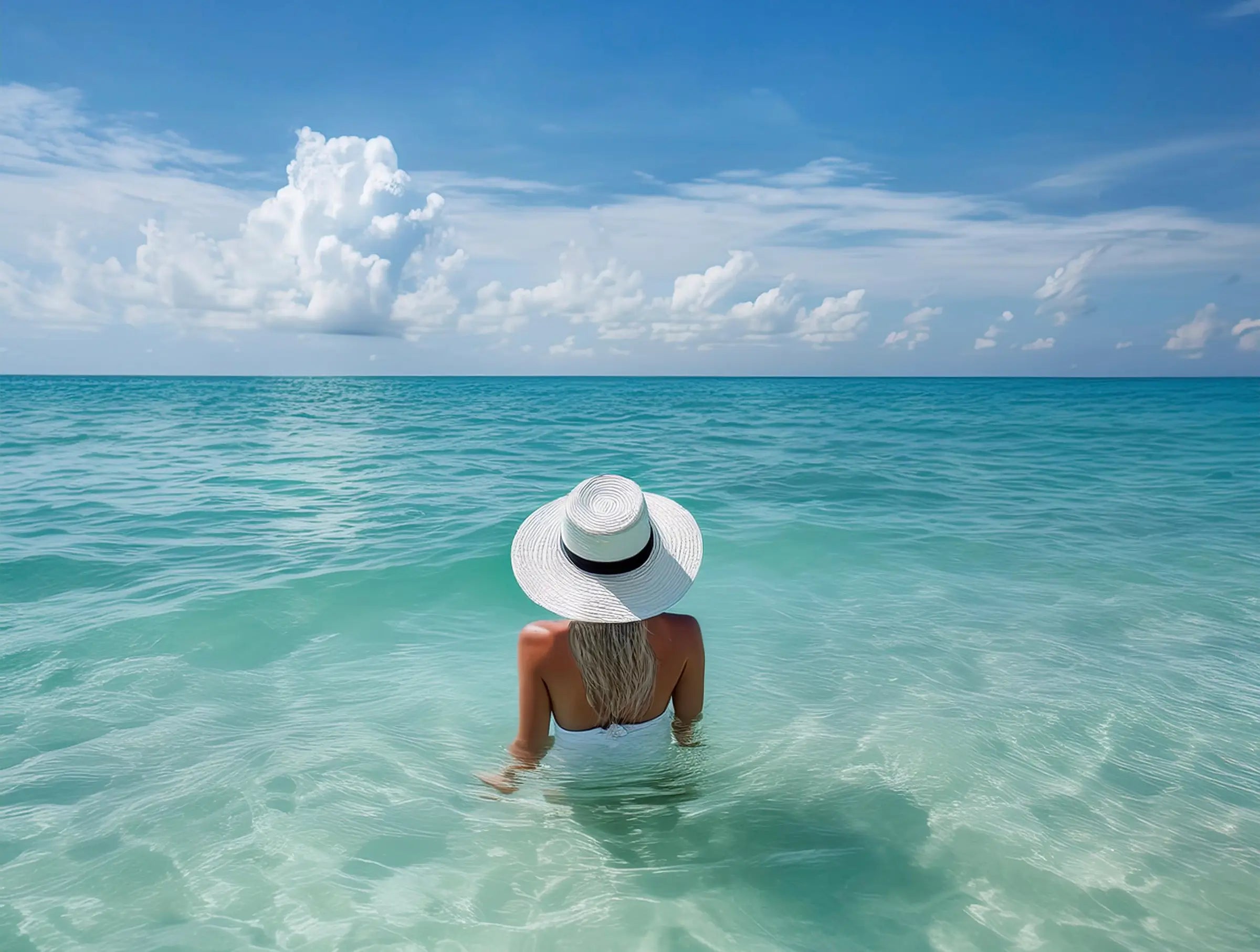 Woman in white hat sitting in Gulf turquoise ocean coastal glass print, Echoes of the Sea