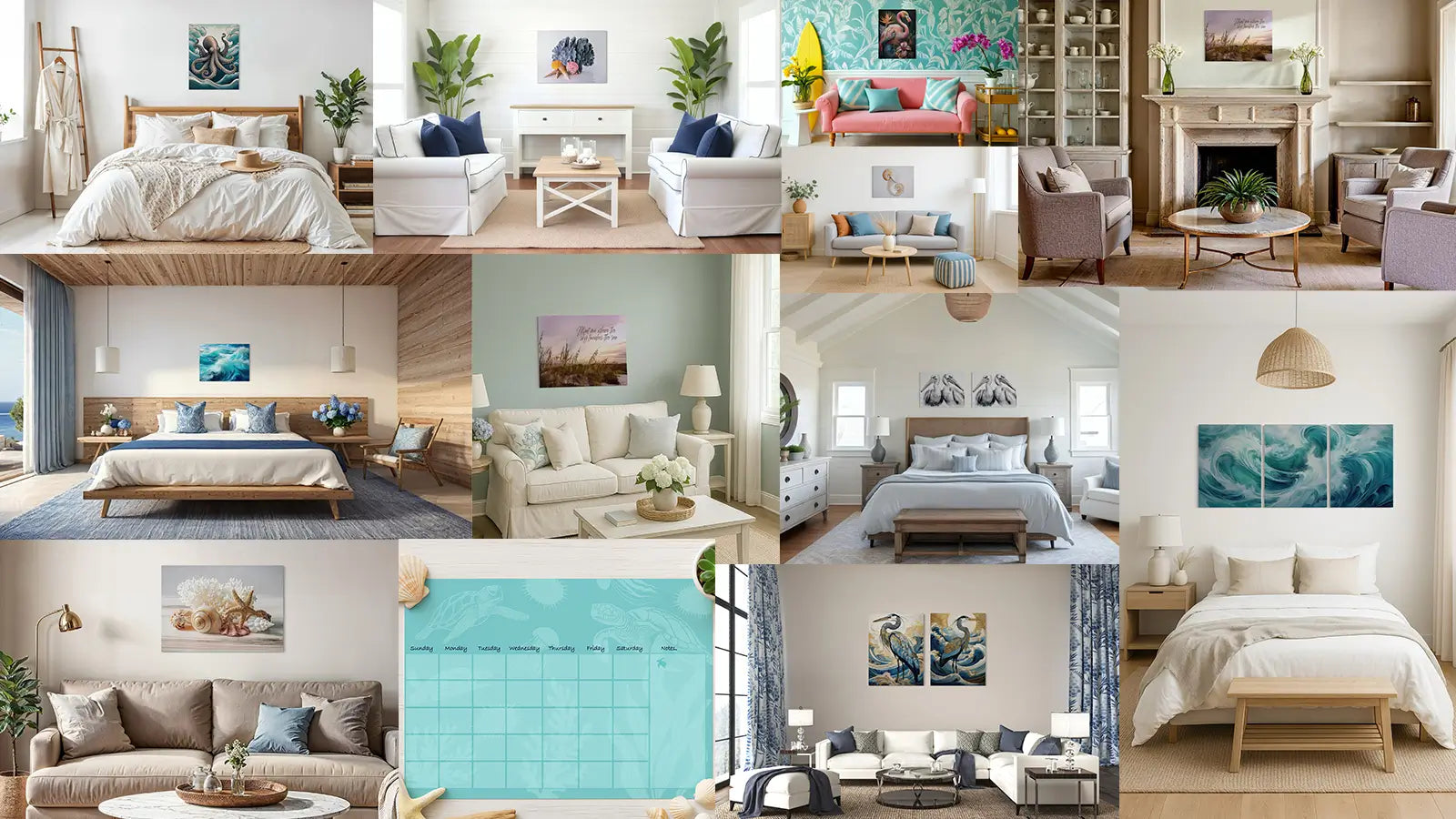 Collage of twelve coastal interior styles — farmhouse coastal, coastal chic, coastal glam, Scandinavian coastal, Mediterranean coastal, and other coastal décor inspirations.