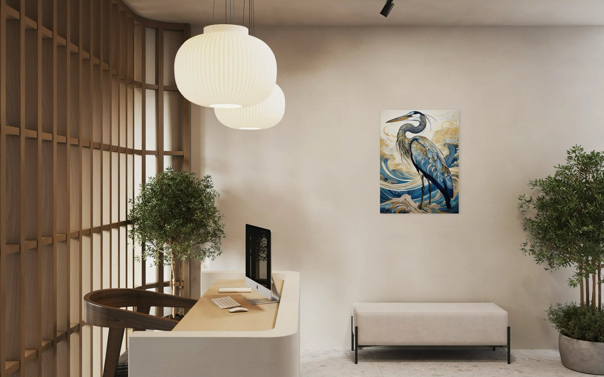 Coastal blue heron glass print displayed in a refined reception area with a curved desk, upholstered bench, warm wood accents, and soft neutral styling.