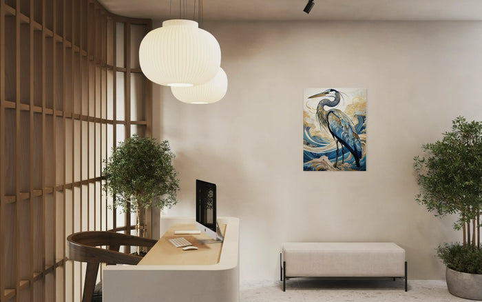Coastal blue heron glass print displayed in a refined reception area with a curved desk, upholstered bench, warm wood accents, and soft neutral styling.