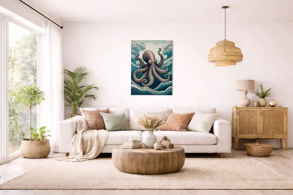 Boho coastal living room with ocean-inspired octopus wall art in warm neutrals and sea-toned hues, showcasing 2026 color trends.
