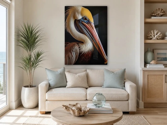 detail of brown pelican coastal glass print