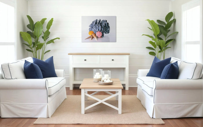 Classic Coastal living room styled with seashell glass wall art print