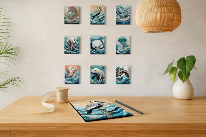 Echoes of the Sea LLC's coastal glass print bundle of Hokusai-inspired Sealife over a table