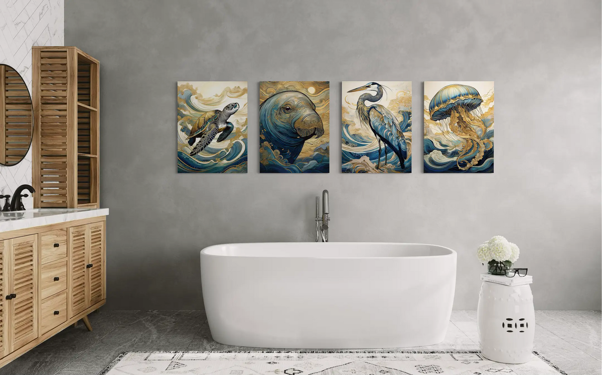 Coastal bathroom with freestanding tub and four-piece marine life glass art set featuring sea turtle, manatee, heron, and jellyfish, modern coastal bathroom wall art.