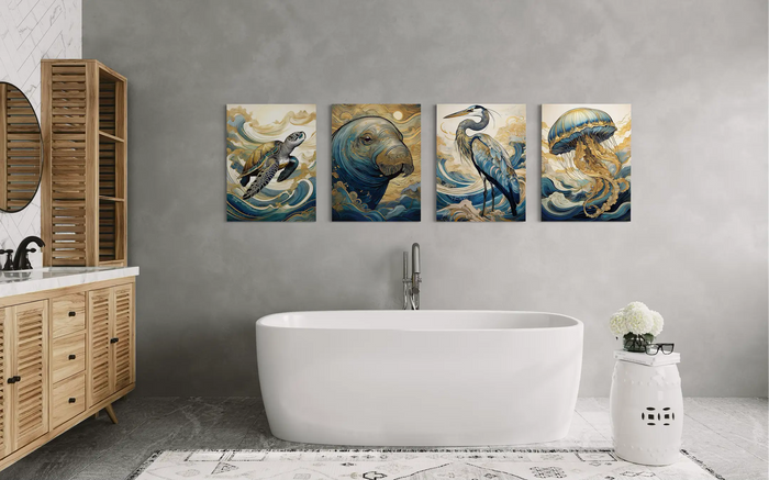 Coastal bathroom with freestanding tub and four-piece marine life glass art set featuring sea turtle, manatee, heron, and jellyfish, modern coastal bathroom wall art.