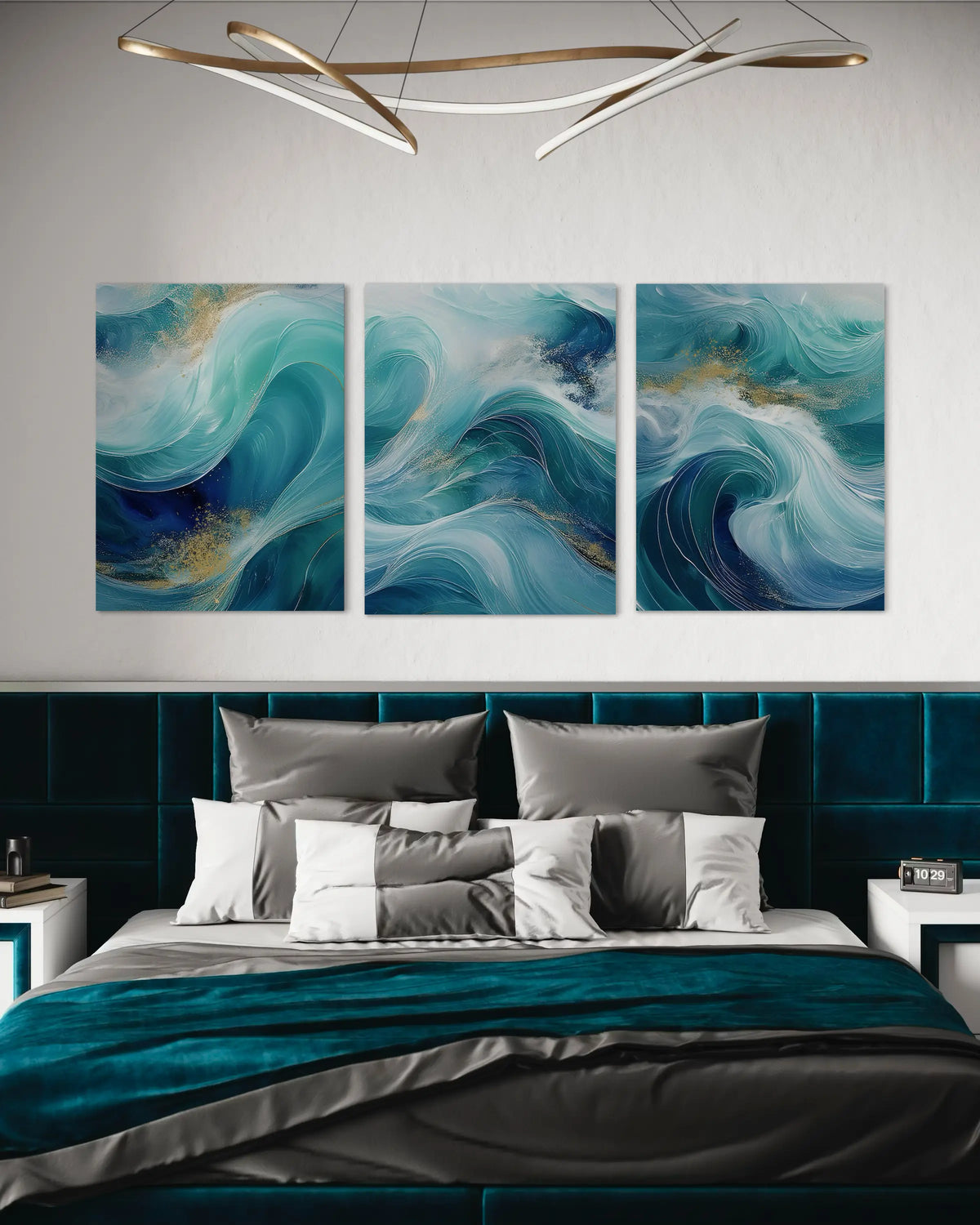 Modern Coastal Chic living room with glass wave art and gold accents