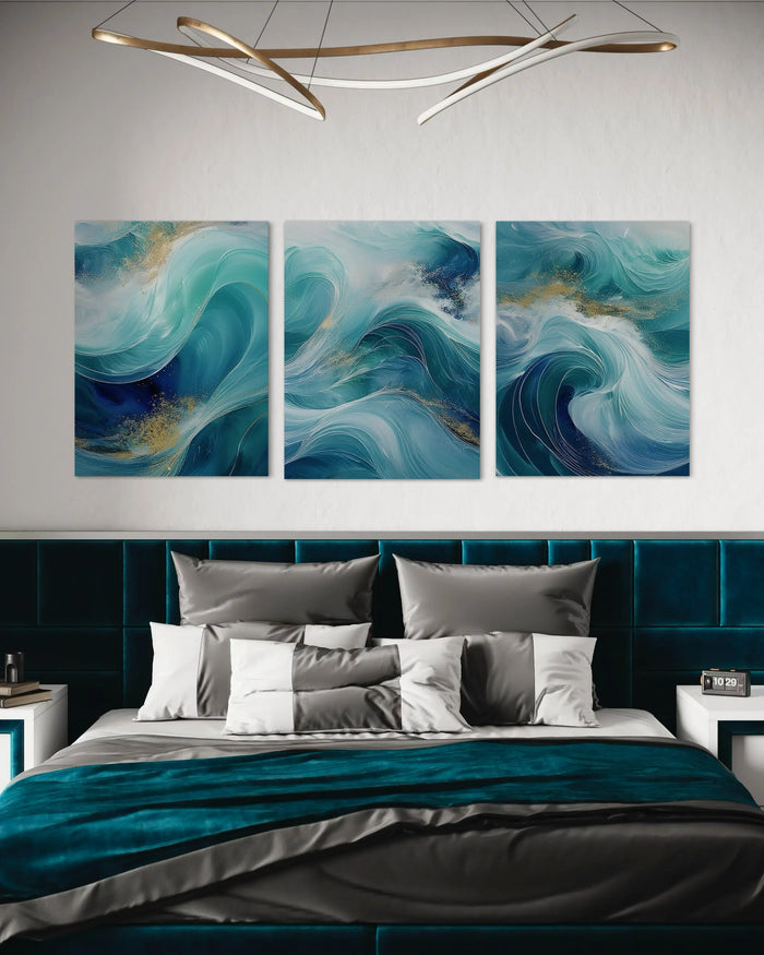 Modern Coastal Chic living room with glass wave art and gold accents