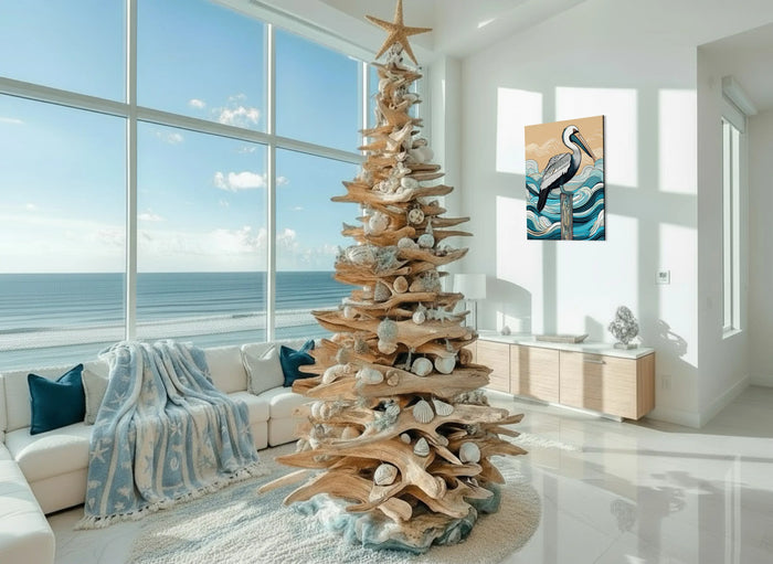 Coastal Christmas elegance in living room with driftwood tree, shell ornaments and pelican glass print.