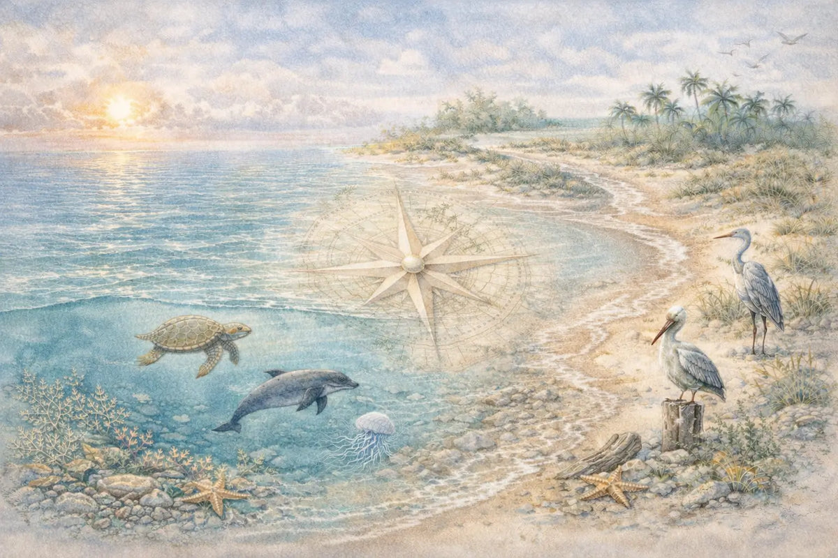 Watercolor coastal ecosystem illustration with ocean sunrise, sea turtle, dolphin, jellyfish, coastal birds, and sandy beach landscape.