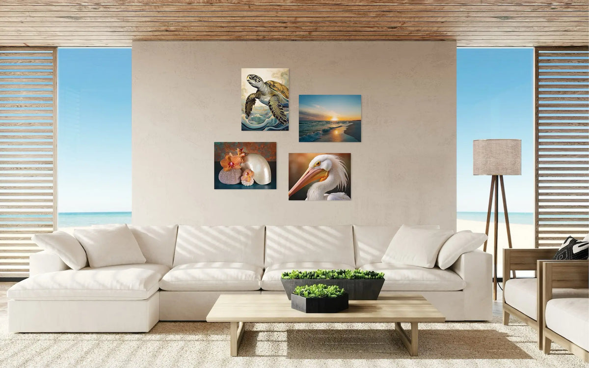 Coastal Feng Shui living room with glass prints and ocean-inspired styling