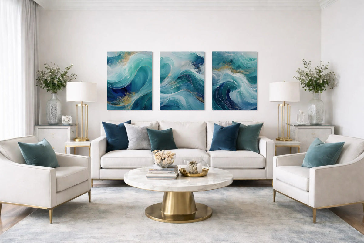 Coastal glam living room with Echoes of the Sea wave triptych glass prints