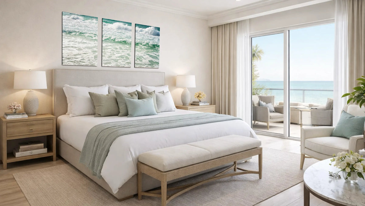 Beach vacation rental bedroom with coastal glass wave wall art above the bed