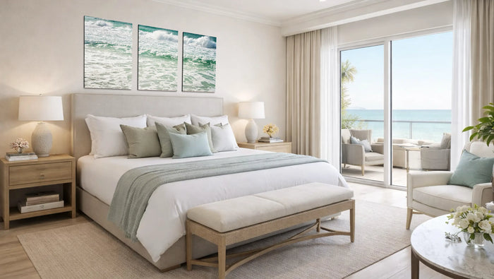 Beach vacation rental bedroom with coastal glass wave wall art above the bed