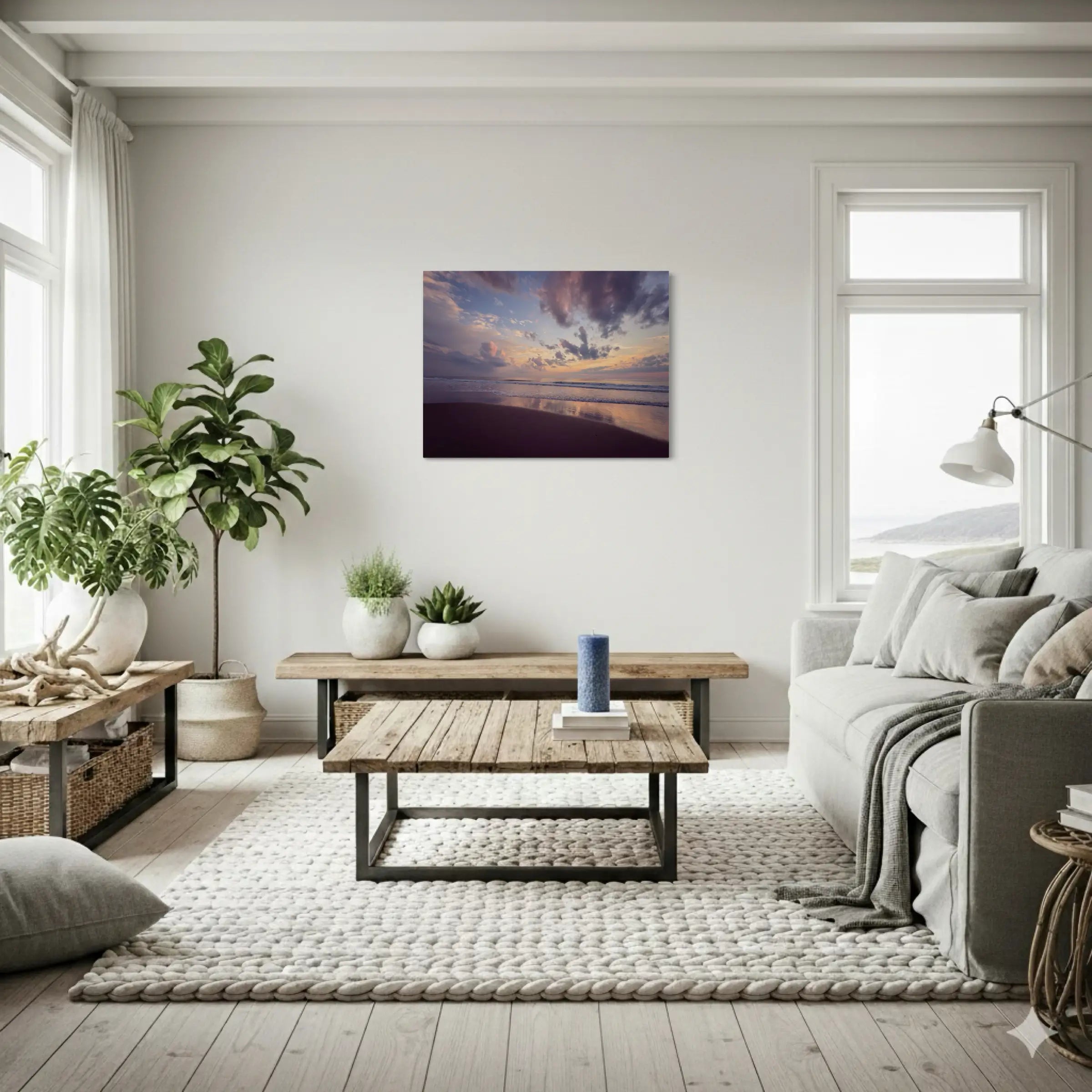 Coastal hygee living room with greenery, natural woods and neutral materials with a Outer Banks sunrise wall art.