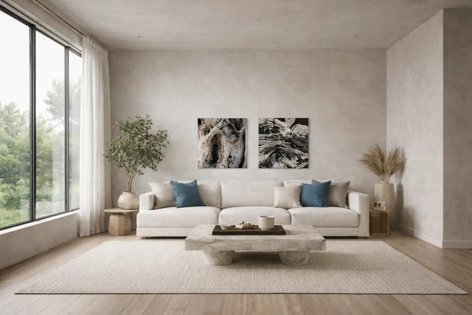 Driftwood Beach color palette interior featuring salted sand neutrals, weathered oak wood tones, and soft tidepool blue accents in a modern coastal living room.