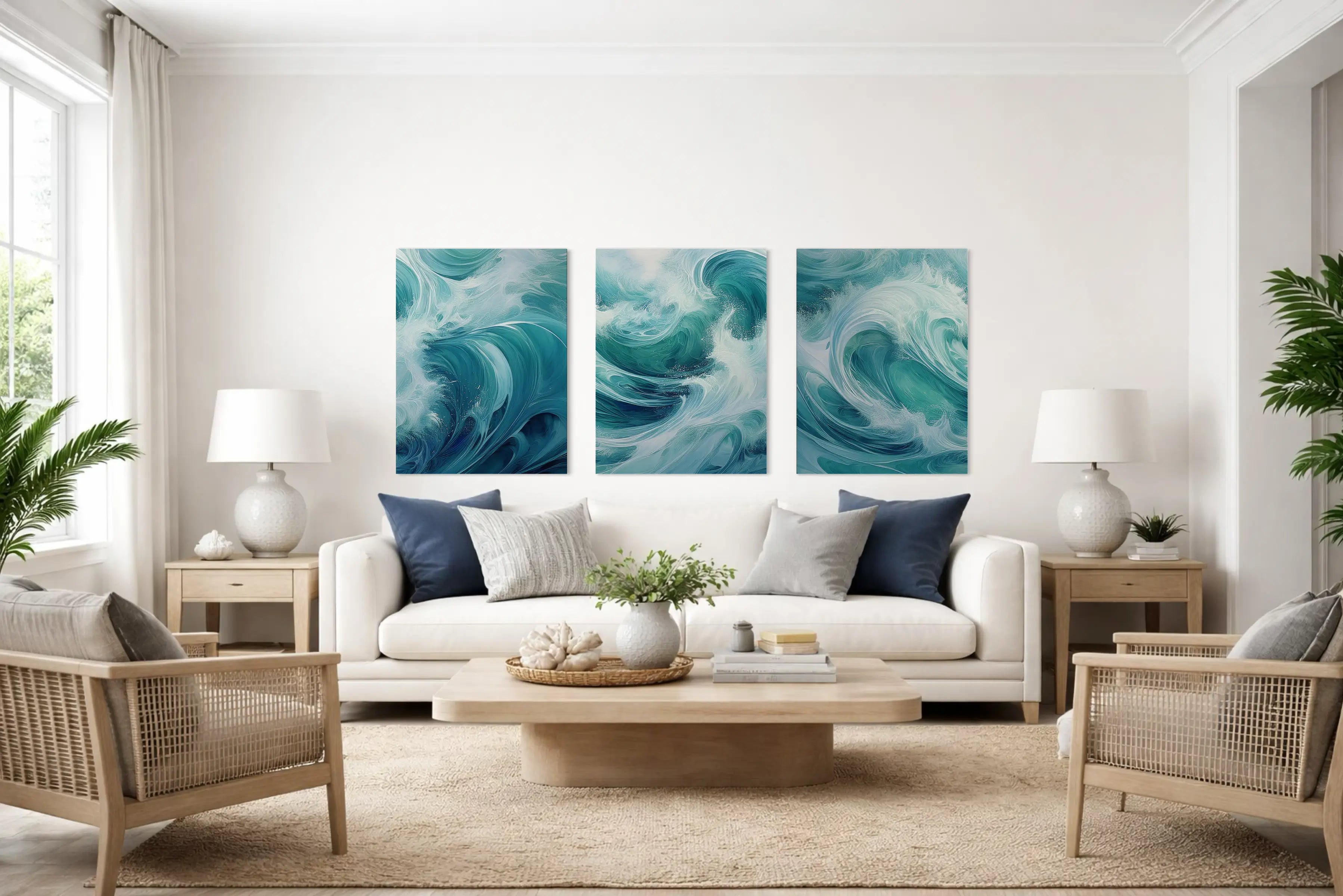 Modern coastal living room with neutral sofa and wood accents featuring a large blue wave triptych wall art above the couch.