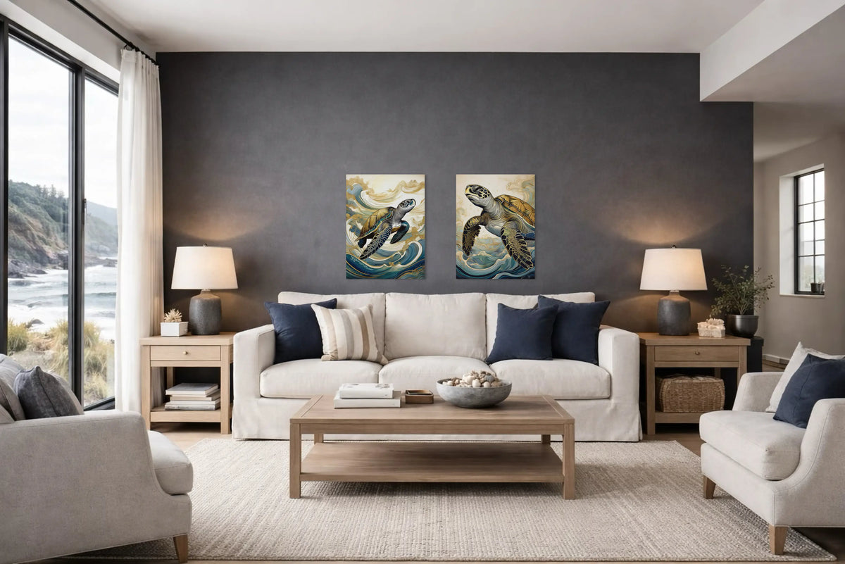Moody coastal living room with charcoal accent  wall, navy accents, and large windows overlooking the ocean.