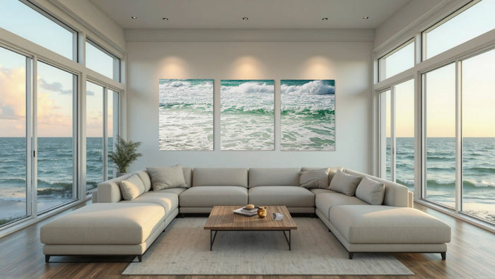 Modern coastal living room with expansive ocean views, minimalist furniture, and a soft neutral palette — showcasing the light-filled serenity and architectural balance of Coastal Modernism 2026.