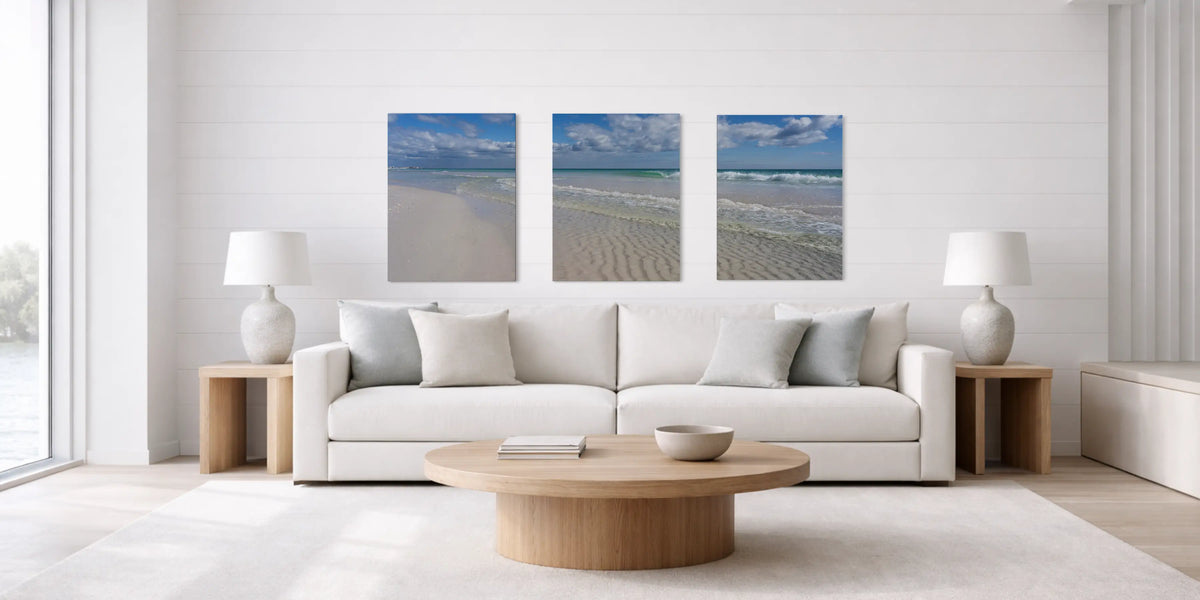 Modern coastal color palette inspiration with soft ocean waves, sandy neutrals, and natural coastal tones