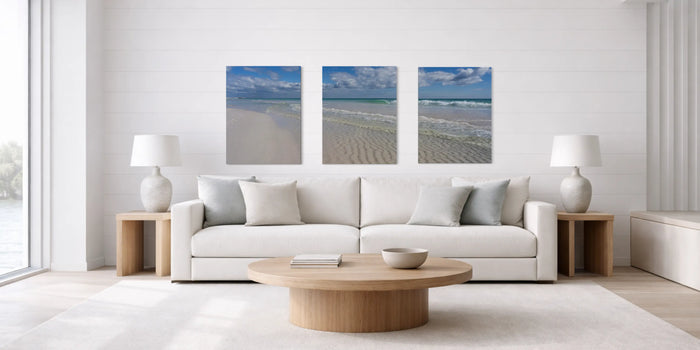 Modern coastal color palette inspiration with soft ocean waves, sandy neutrals, and natural coastal tones