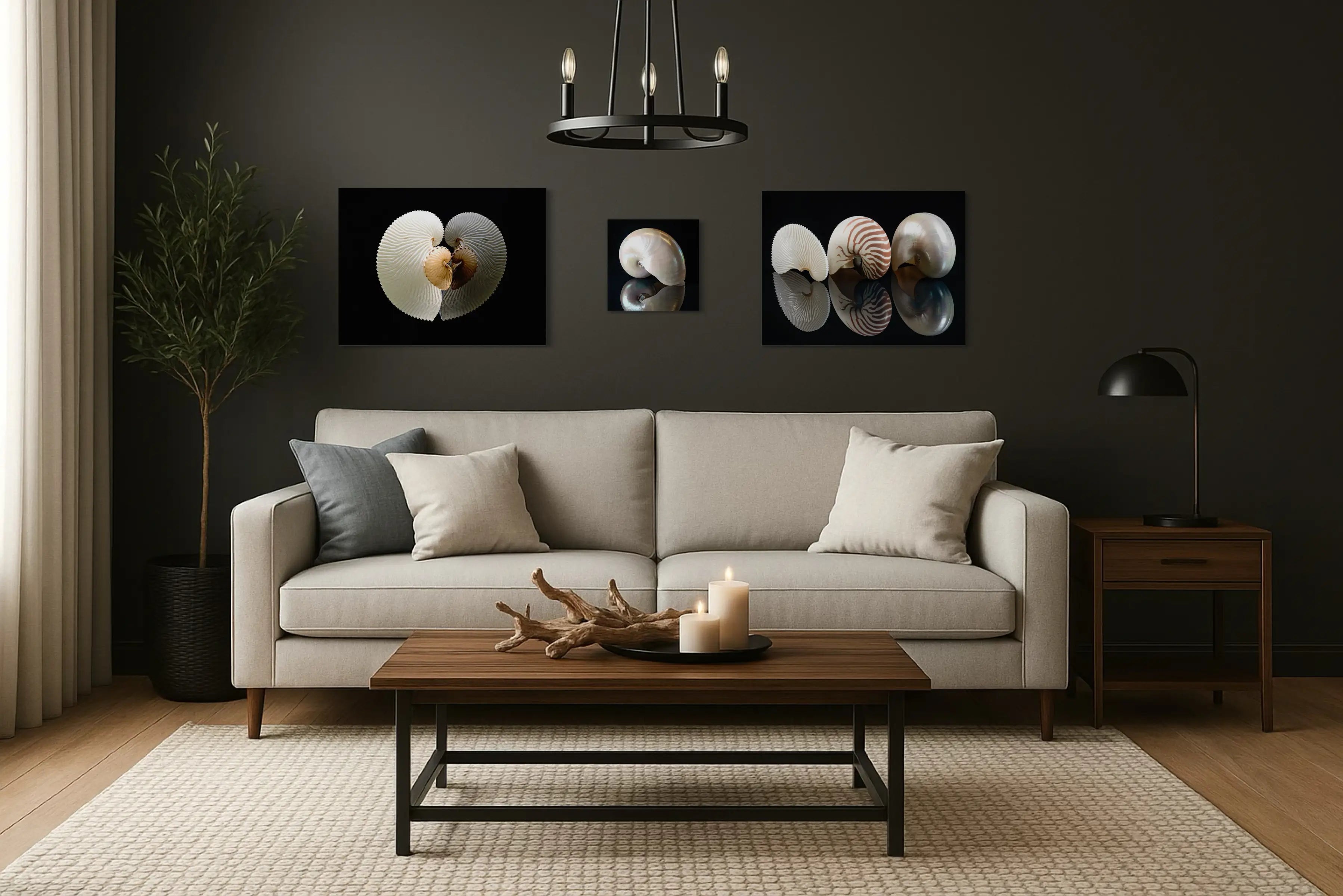 Coastal Noir living room with a light gray sofa, walnut furniture accents, black details, and a seashell glass prints gallery wall, styled with driftwood and cozy candles on the coffee table.